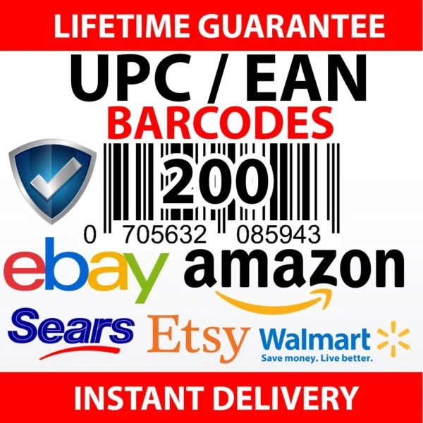 200 UPC EAN barcodes pack for Amazon FBA, eBay, Walmart, Etsy, Shopify