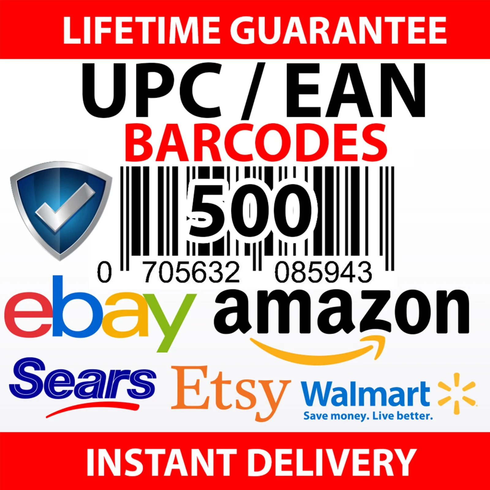 500 UPC EAN barcodes pack for Amazon FBA, eBay, Walmart, Etsy, Shopify
